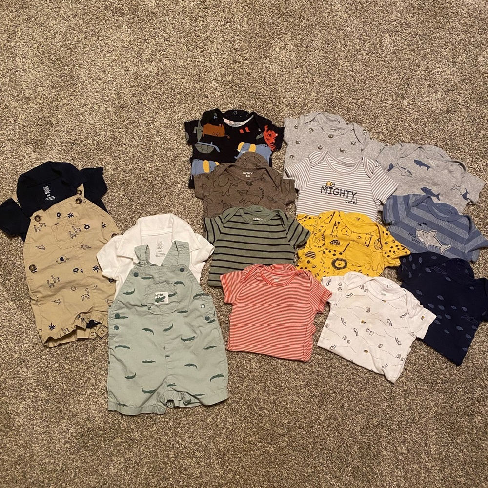 Baby Boys Summer Bundle 3-6 month short sleeve onesies, overalls